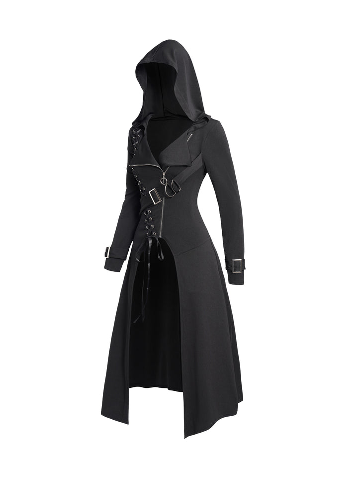 Punk Gothic Lace Up Zip Hooded Coat