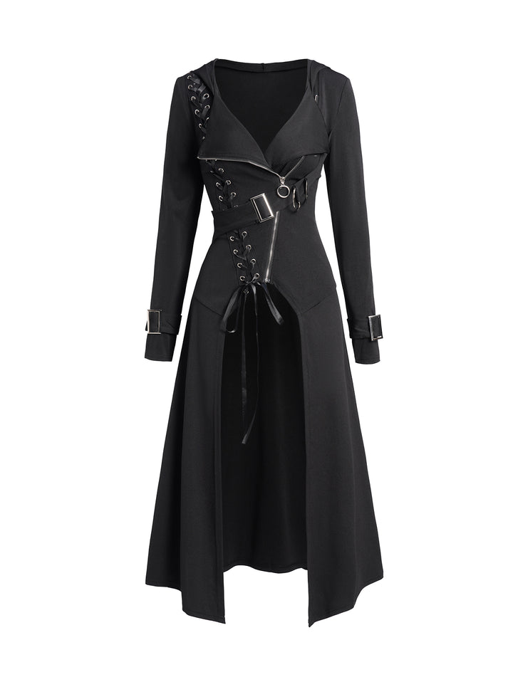 Punk Gothic Lace Up Zip Hooded Coat
