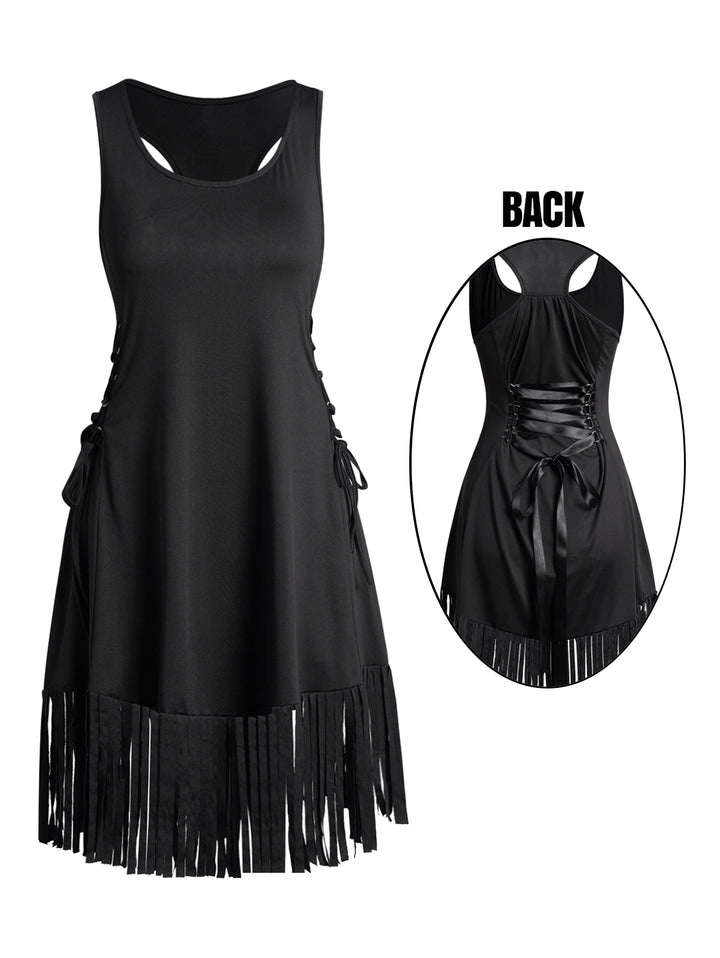 Plain Color Lace Up Tassel Racer Back Casual Mini Tank Dress