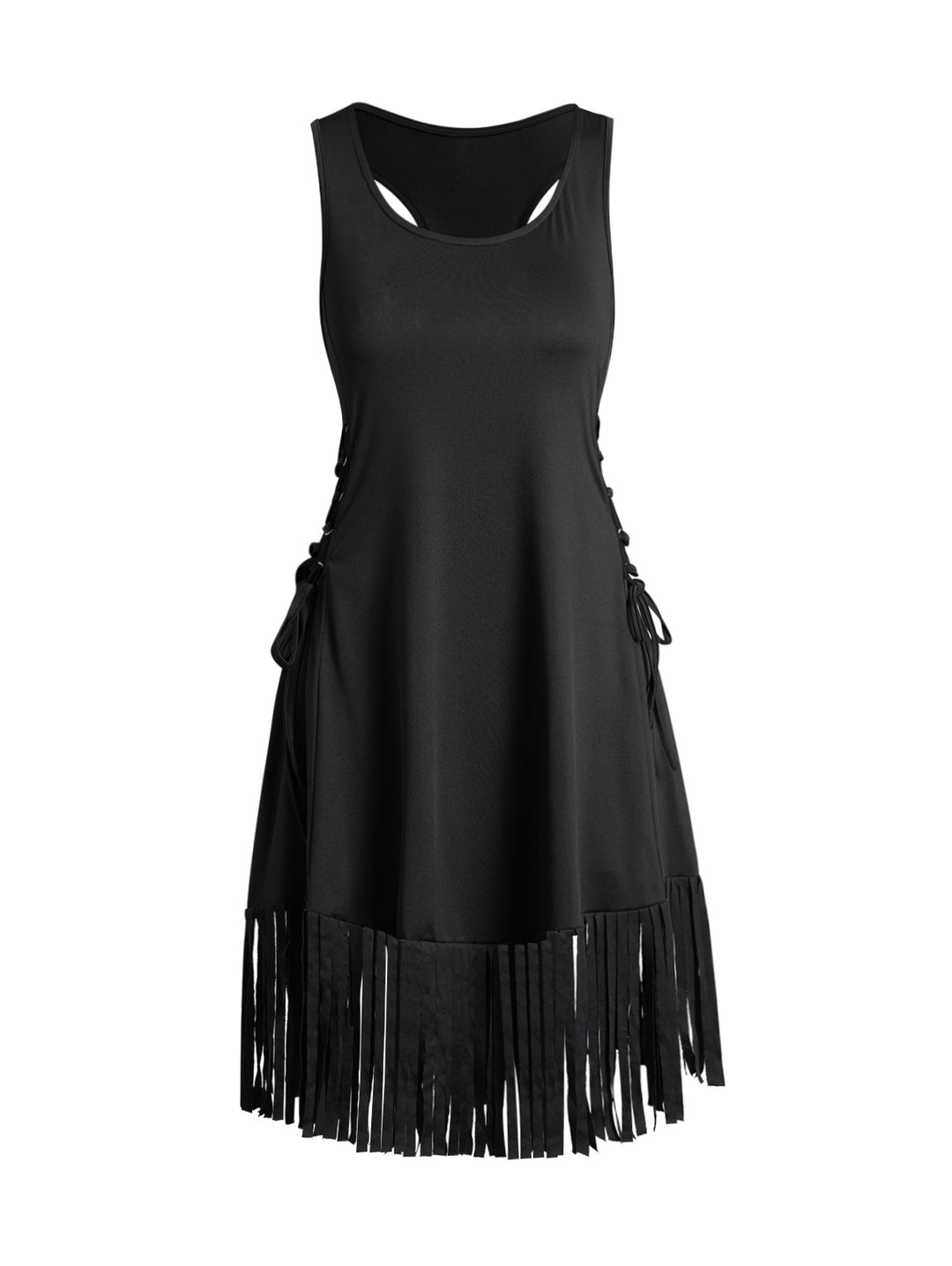 Plain Color Lace Up Tassel Racer Back Casual Mini Tank Dress