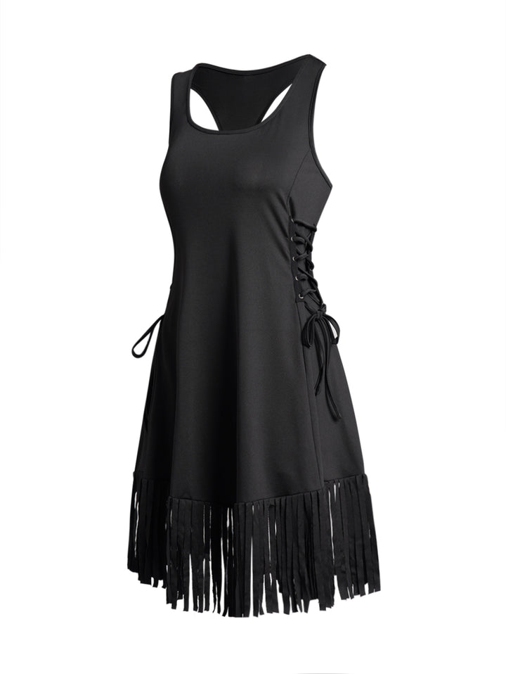 Plain Color Lace Up Tassel Racer Back Casual Mini Tank Dress