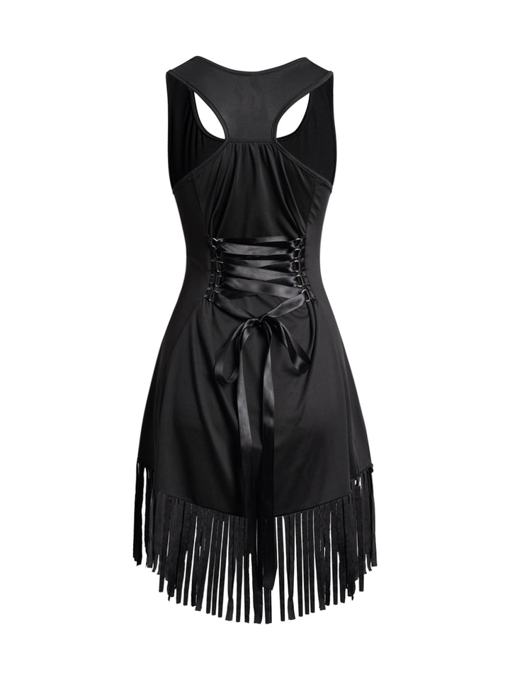 Plain Color Lace Up Tassel Racer Back Casual Mini Tank Dress