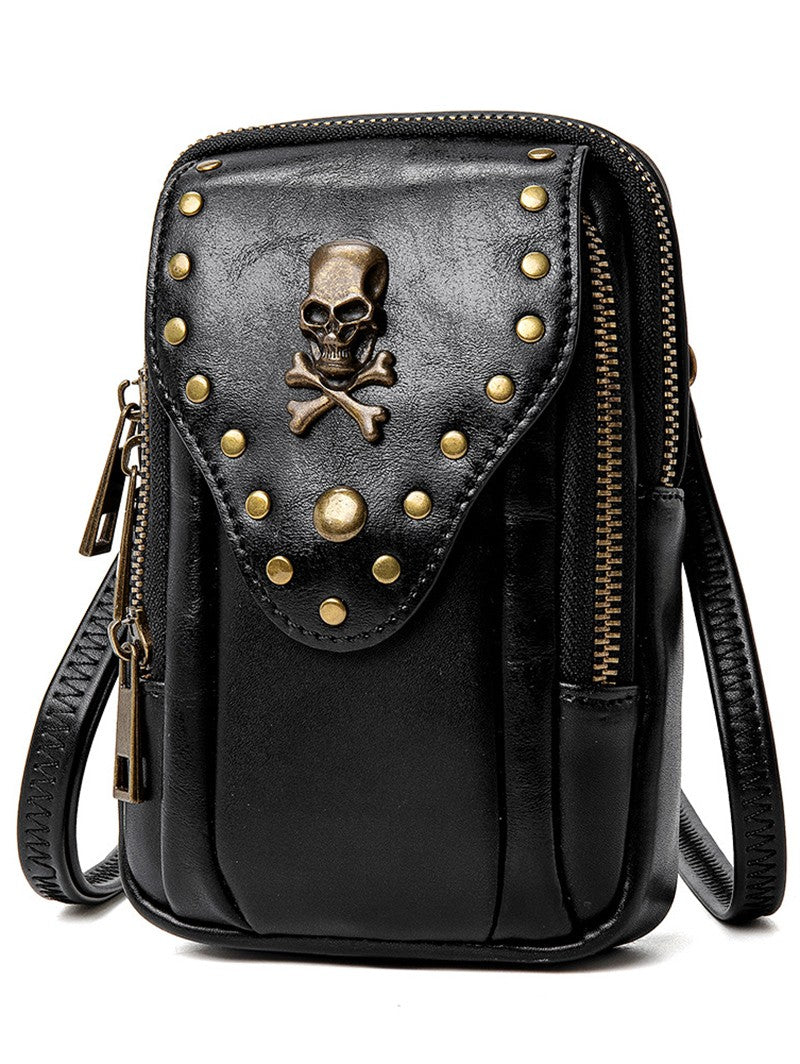 Skull Bone Metal Detail PU Leather Zipper Crossbody Bag