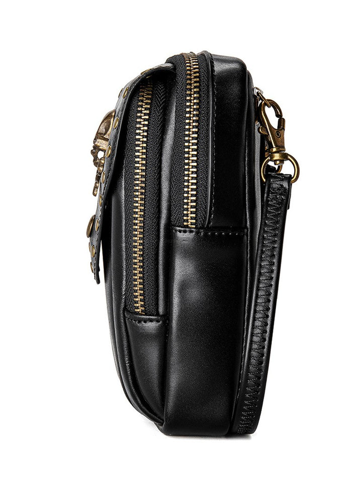 Skull Bone Metal Detail PU Leather Zipper Crossbody Bag