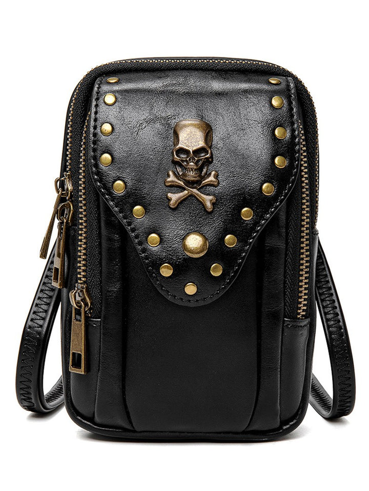 Skull Bone Metal Detail PU Leather Zipper Crossbody Bag