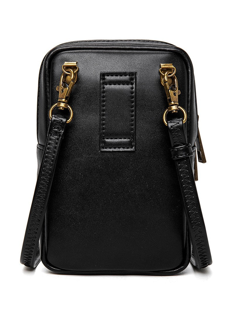 Skull Bone Metal Detail PU Leather Zipper Crossbody Bag