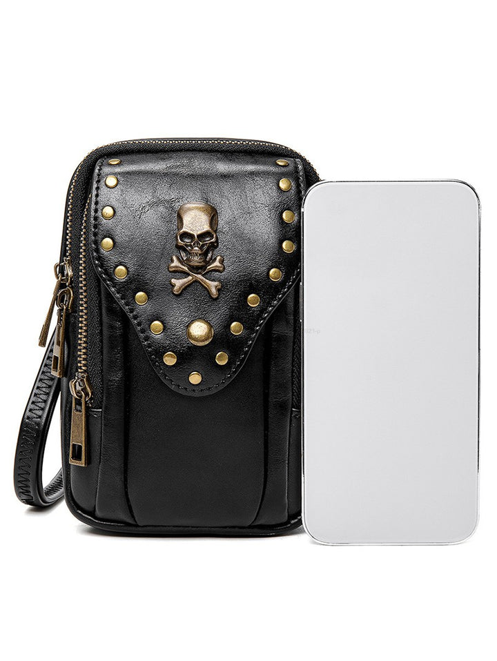 Skull Bone Metal Detail PU Leather Zipper Crossbody Bag