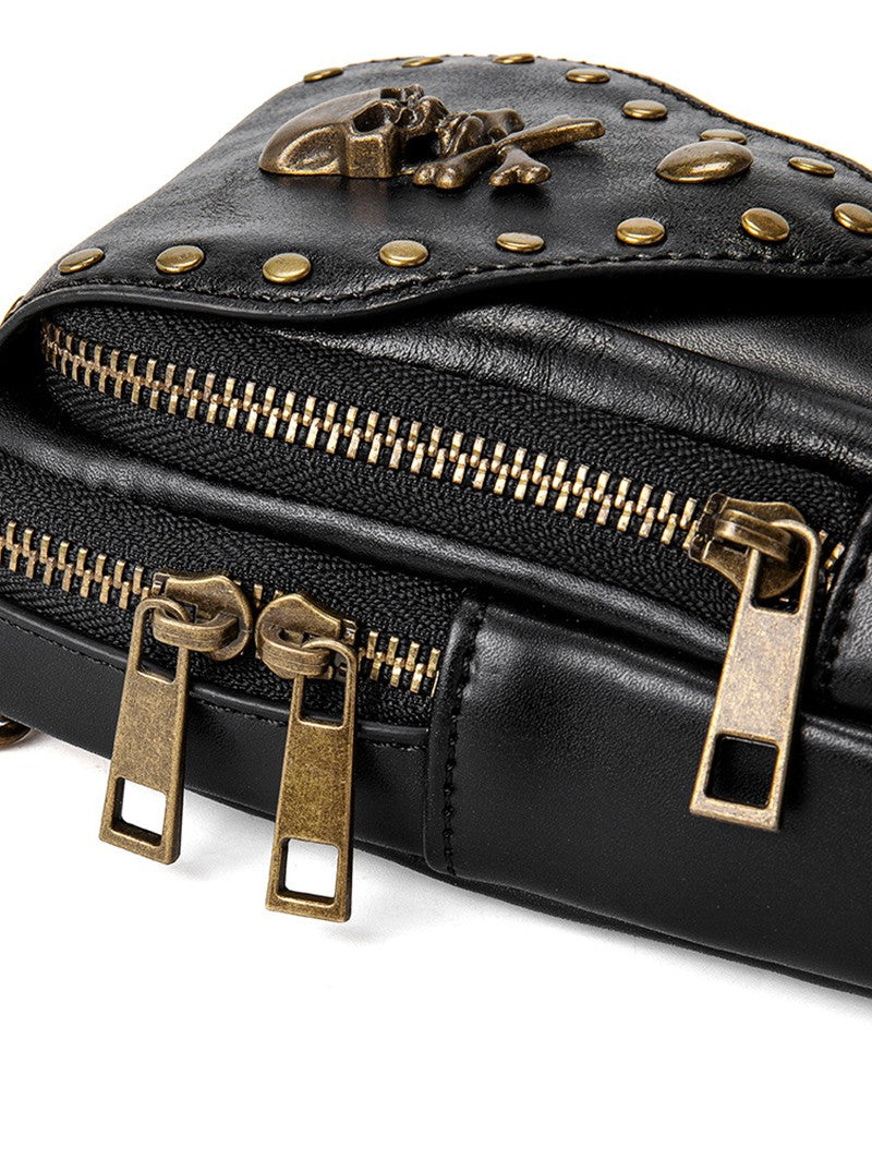 Skull Bone Metal Detail PU Leather Zipper Crossbody Bag