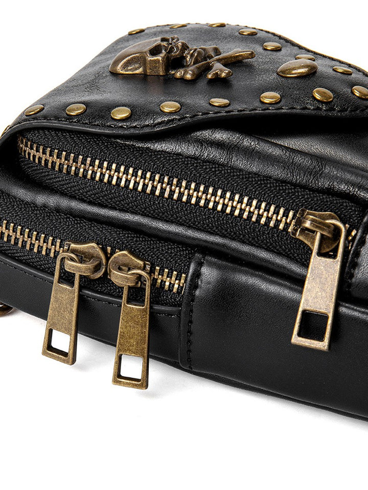 Skull Bone Metal Detail PU Leather Zipper Crossbody Bag