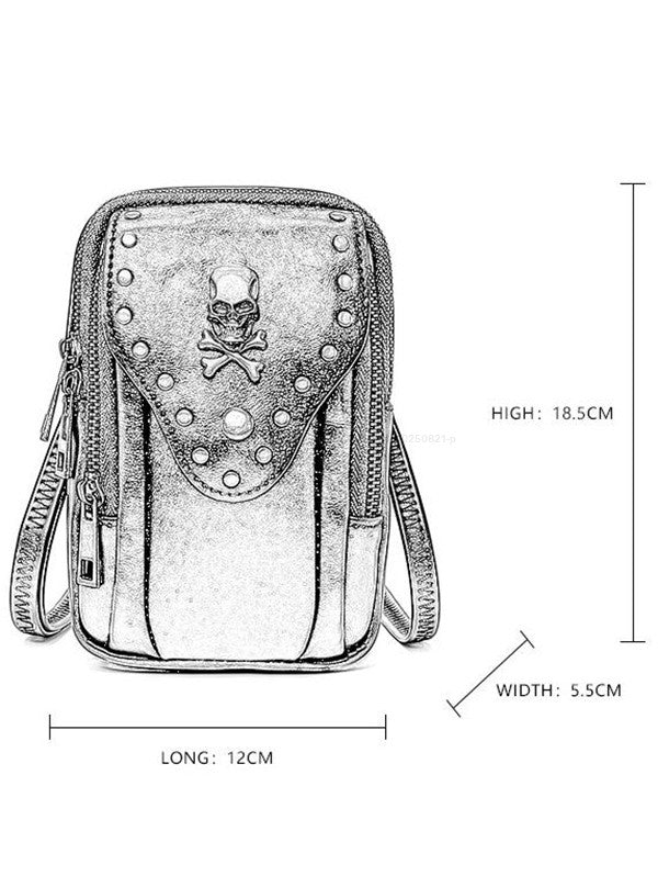 Skull Bone Metal Detail PU Leather Zipper Crossbody Bag