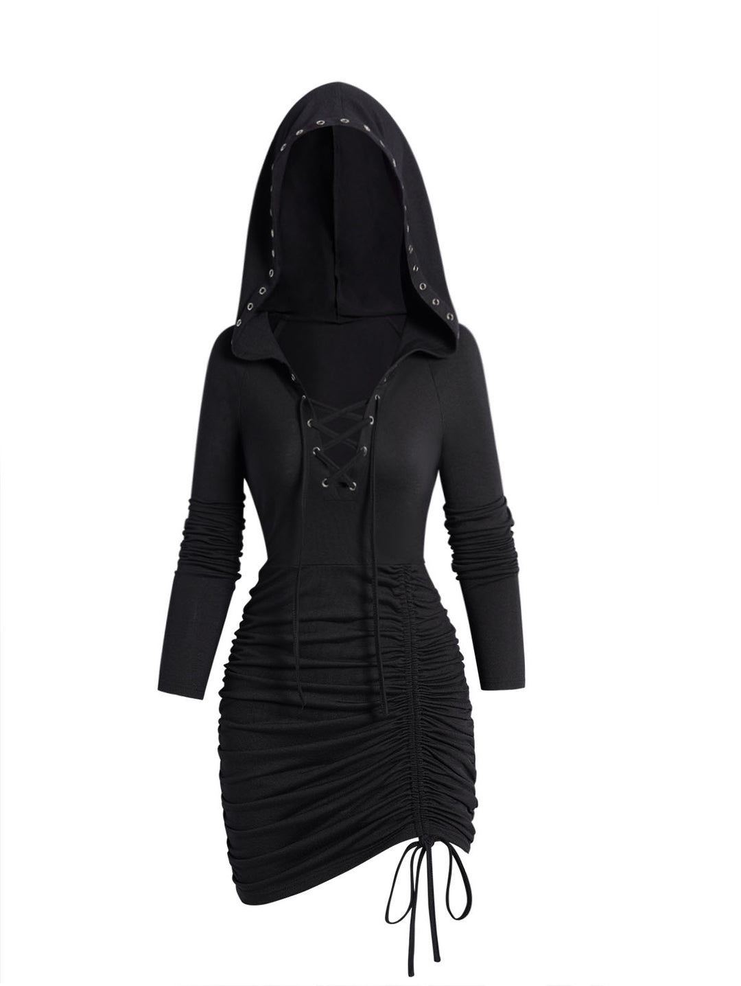 Lace Up Gothic Cinched Ruched Mini Hooded Dress