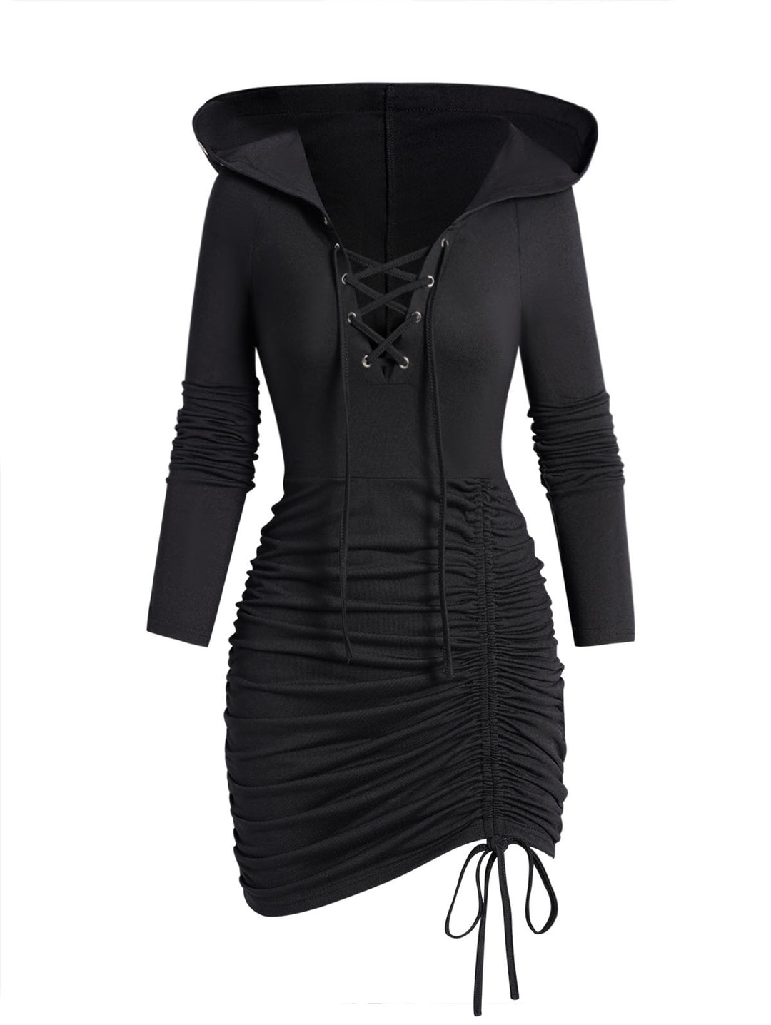 Lace Up Gothic Cinched Ruched Mini Hooded Dress