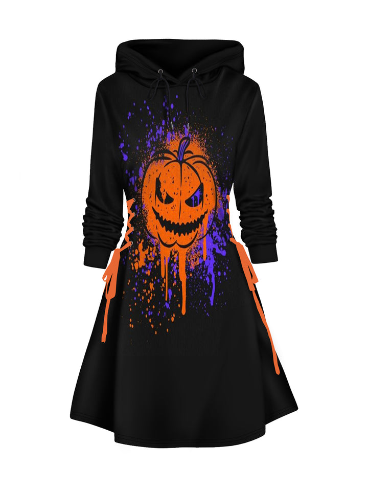 Halloween Pumpkin and Splash Ink Print Lace Up Mini Hoodie Dress