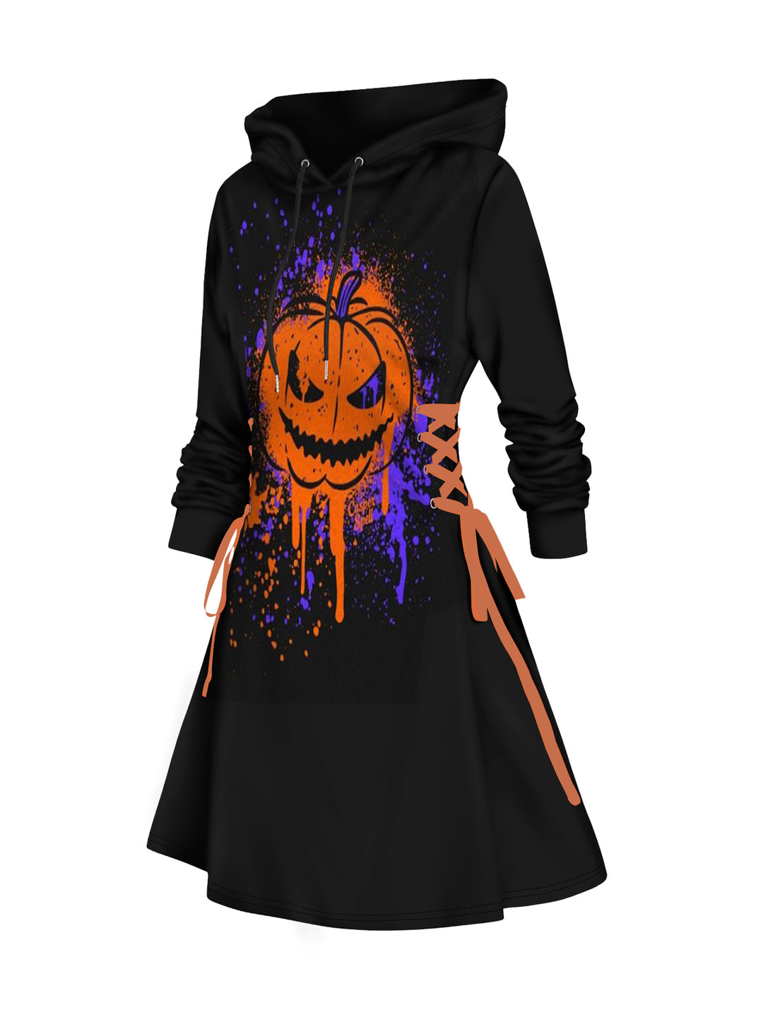 Halloween Pumpkin and Splash Ink Print Lace Up Mini Hoodie Dress