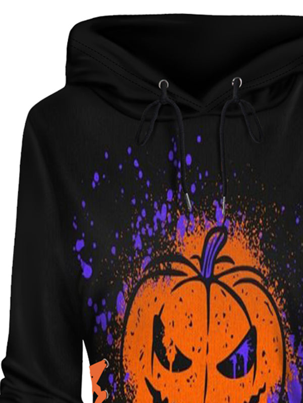 Halloween Pumpkin and Splash Ink Print Lace Up Mini Hoodie Dress