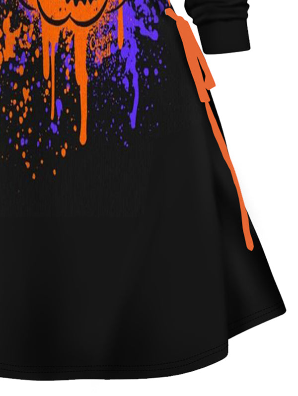 Halloween Pumpkin and Splash Ink Print Lace Up Mini Hoodie Dress