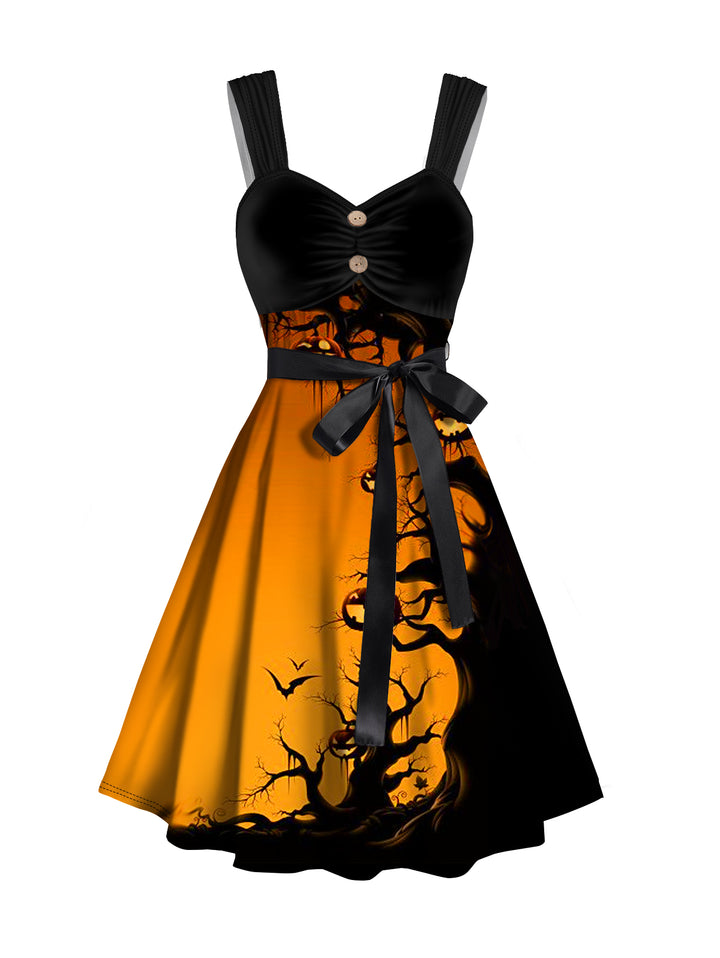 Halloween Forest and Pumpkin Print Belt Sleeveless Mini Dress