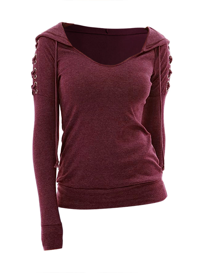 Plain Color Lace Up Sleeve Knit Long Sleeve Casual Hooded Top