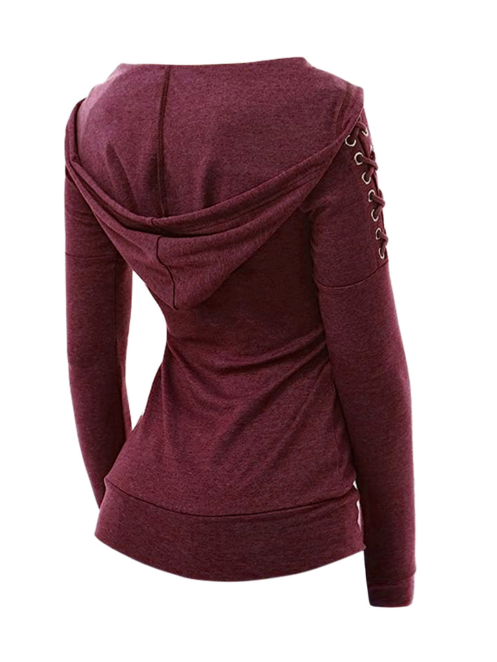 Plain Color Lace Up Sleeve Knit Long Sleeve Casual Hooded Top