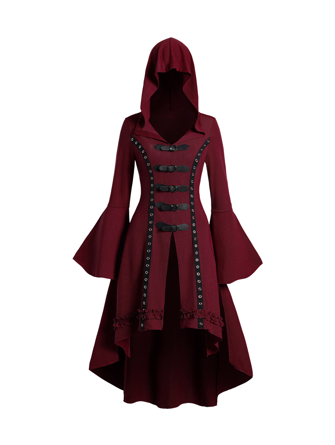 Grommet High Low Hem Buckle Flare Sleeve Frilled Gothic Hooded Top