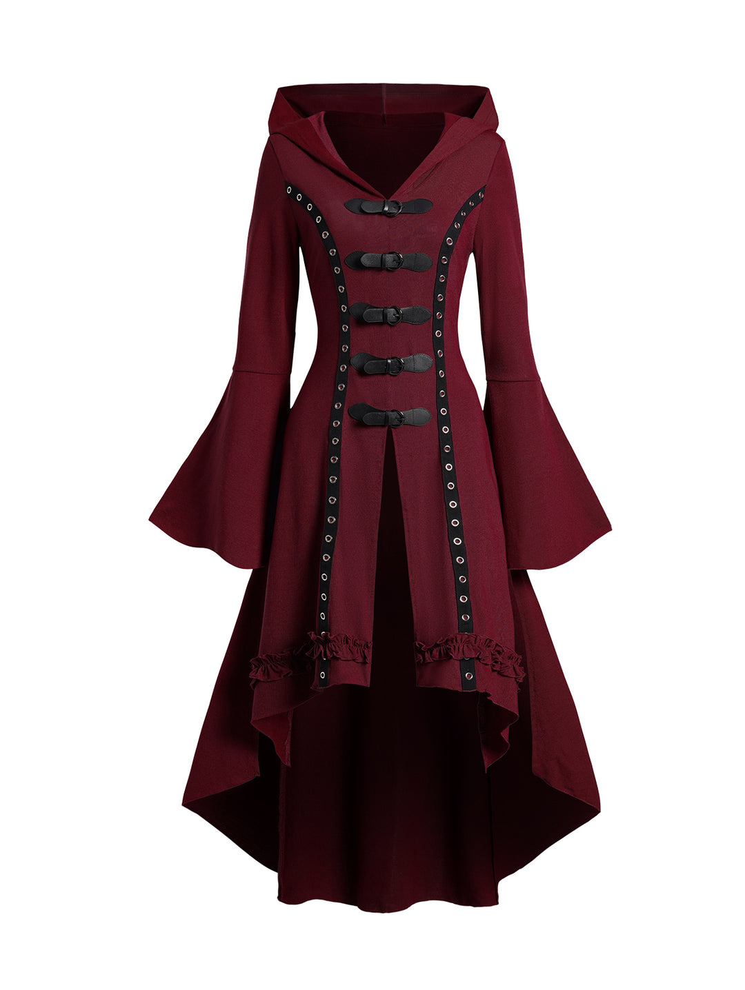 Grommet High Low Hem Buckle Flare Sleeve Frilled Gothic Hooded Top