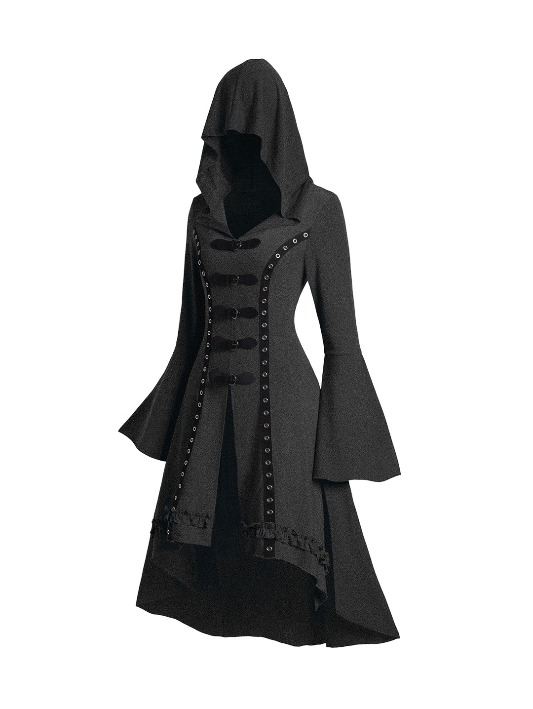 Grommet High Low Hem Buckle Flare Sleeve Frilled Gothic Hooded Top