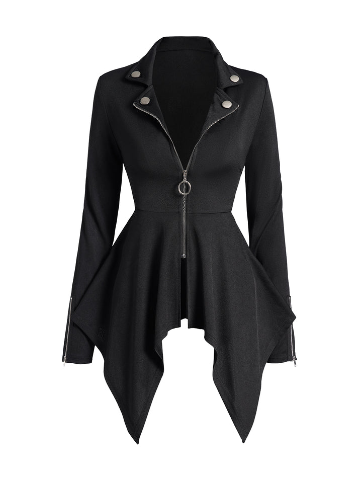 Gothic Solid Color O Ring Zip Up Asymmetric Punk Coat