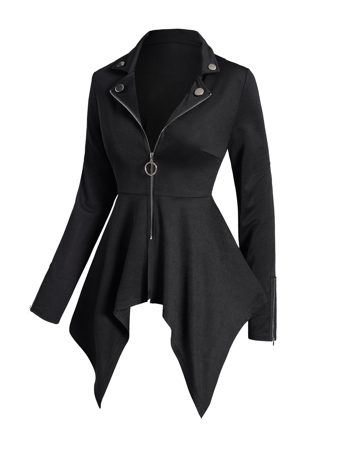Gothic Solid Color O Ring Zip Up Asymmetric Punk Coat