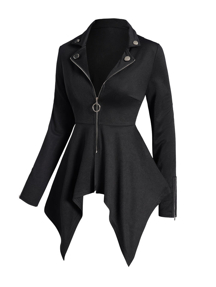 Gothic Solid Color O Ring Zip Up Asymmetric Punk Coat