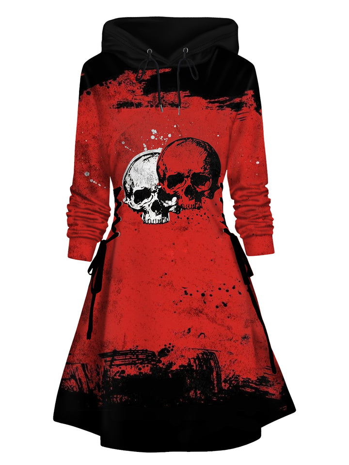 Skull Splatter Painting Print Lace Up Hoodie Dress