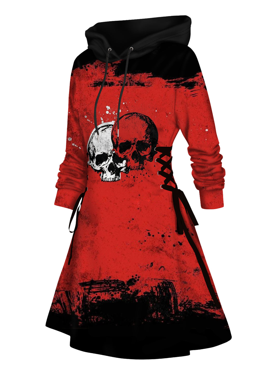 Skull Splatter Painting Print Lace Up Hoodie Dress