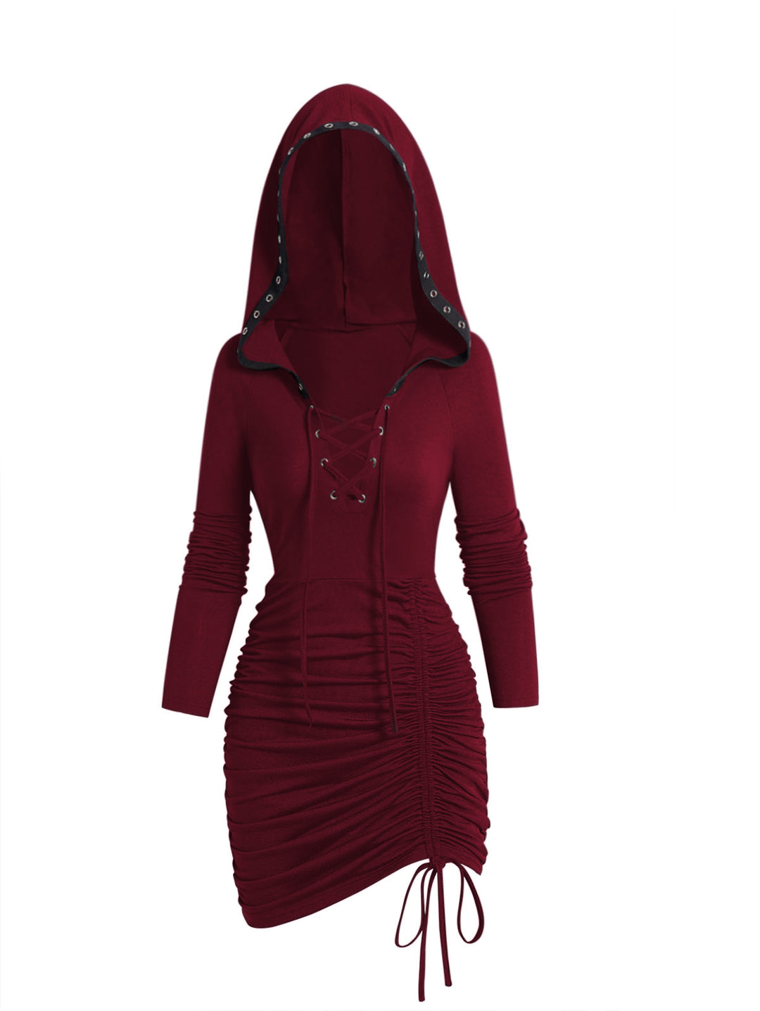 Lace Up Gothic Cinched Ruched Mini Hooded Dress