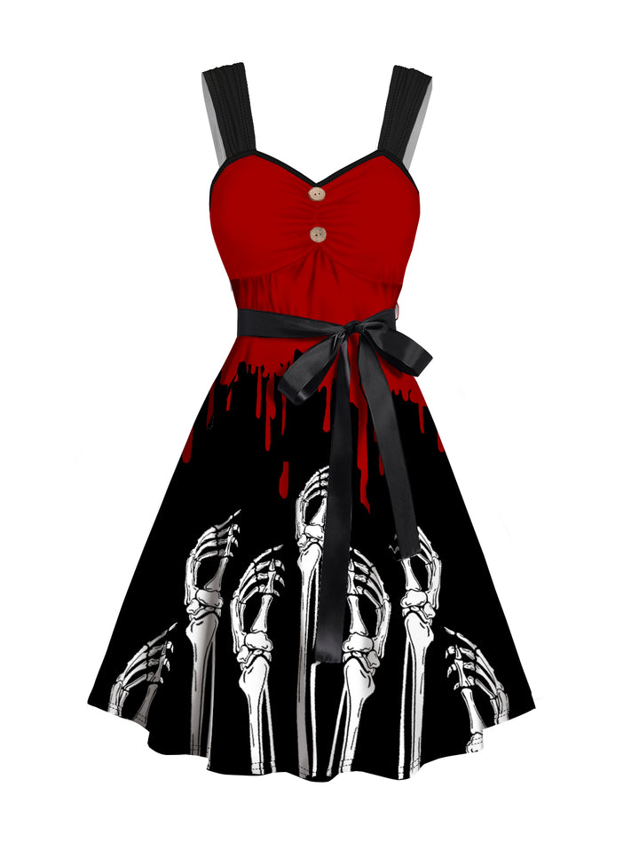 Halloween Blood Skeleton Hand Print Belted Mini Dress