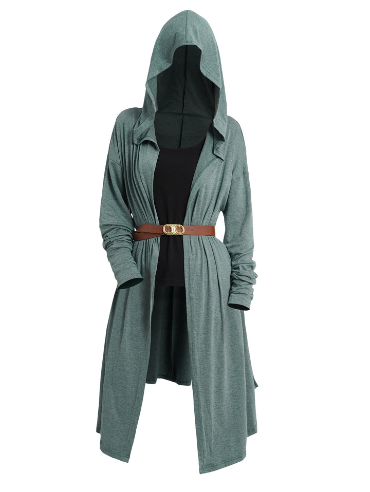 Open Front Long Belted Hooded Top And Solid Color Tank Top Set