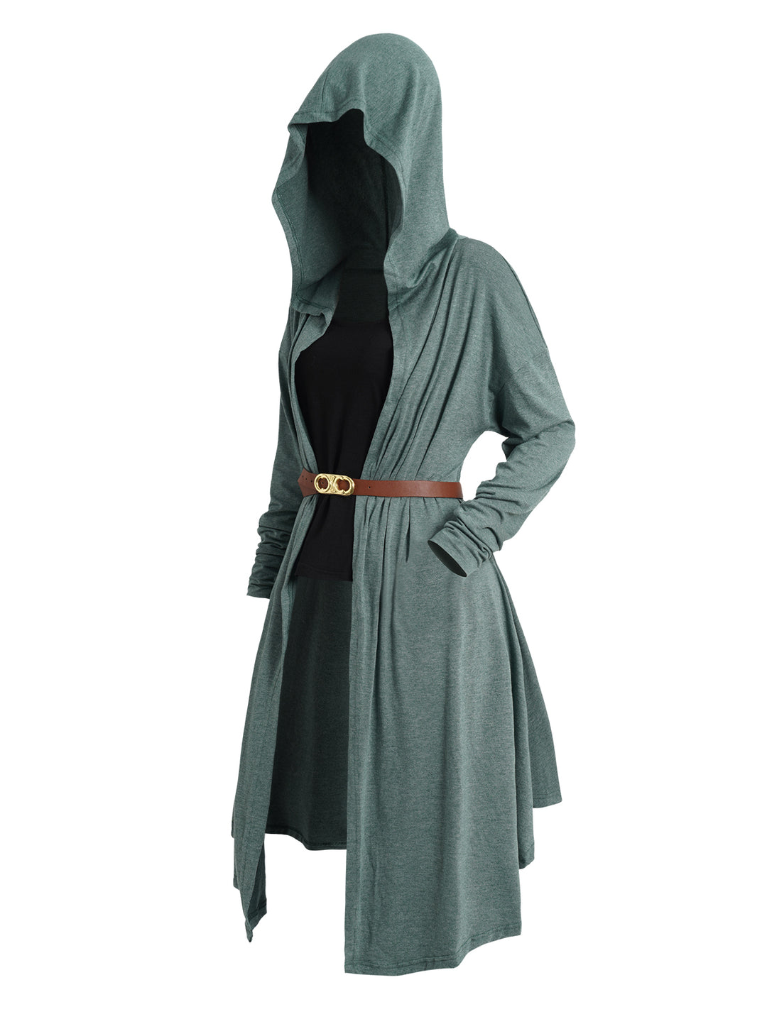 Open Front Long Belted Hooded Top And Solid Color Tank Top Set