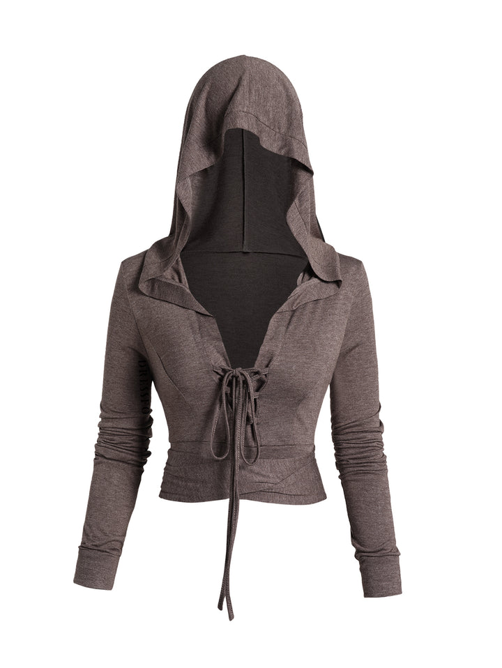 Lace Up Crossover Tie Knot Long Sleeve Hooded Crop Top