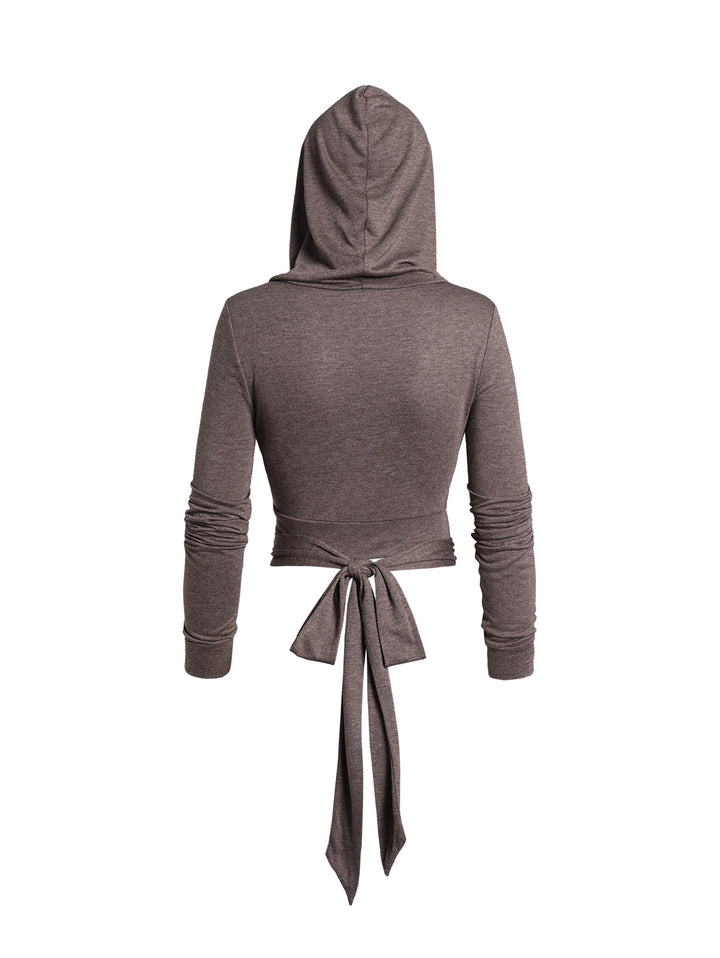 Lace Up Crossover Tie Knot Long Sleeve Hooded Crop Top