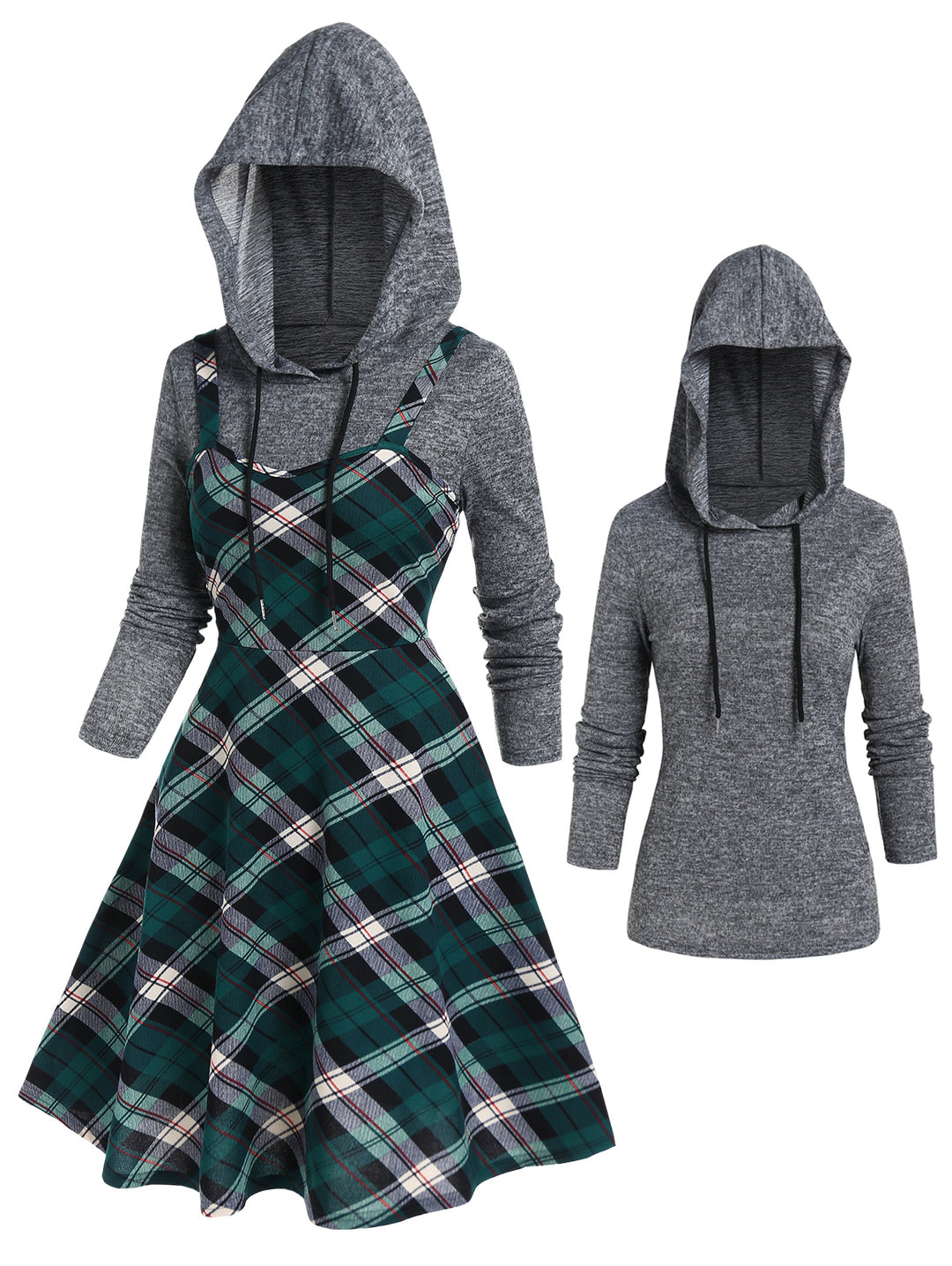 Heather Long Sleeve Hoodie And Plaid Print High Waisted A Line Mini Dress Two Piece Set