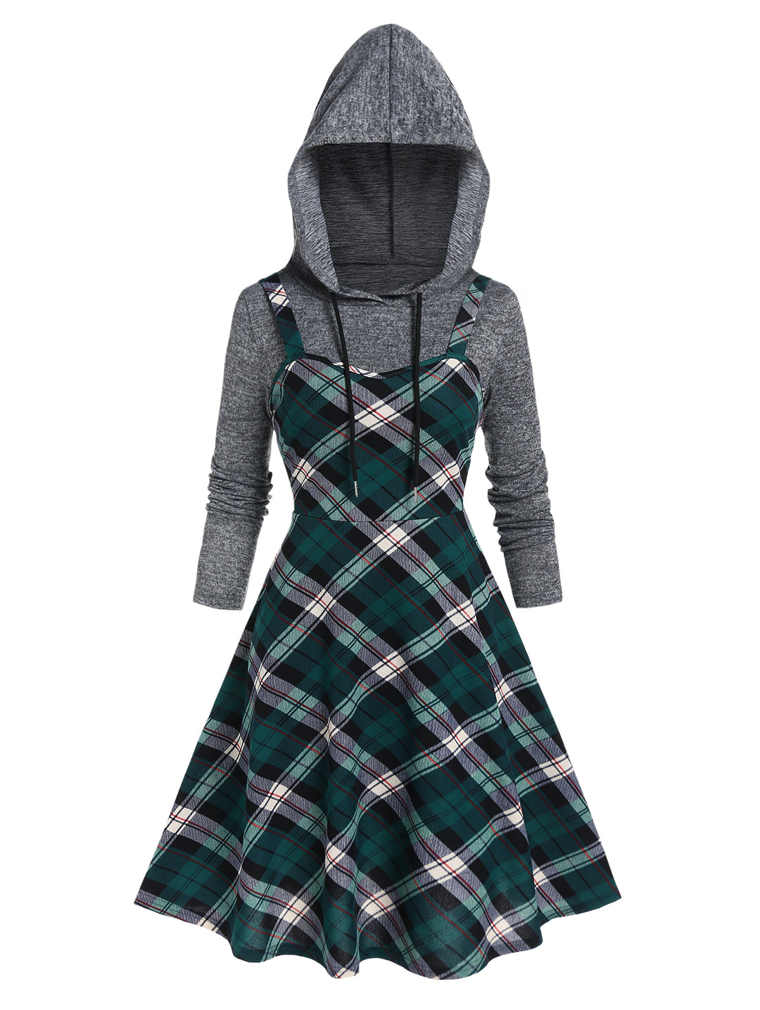 Heather Long Sleeve Hoodie And Plaid Print High Waisted A Line Mini Dress Two Piece Set