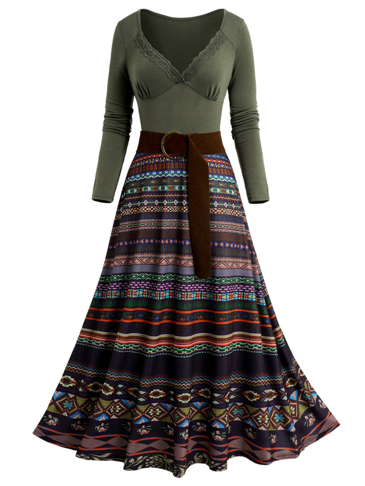 Tribal Pattern Plunge Long Sleeve High Waist Belted Midi Dress