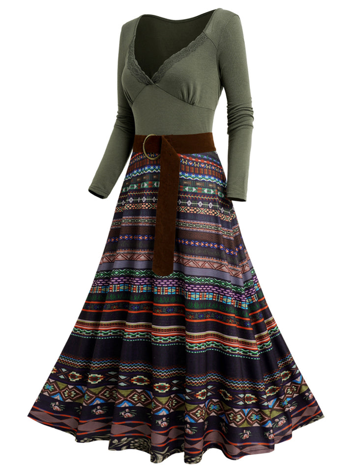 Tribal Pattern Plunge Long Sleeve High Waist Belted Midi Dress