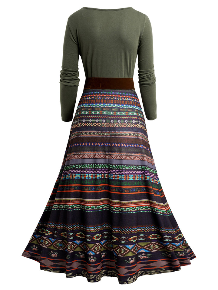 Tribal Pattern Plunge Long Sleeve High Waist Belted Midi Dress