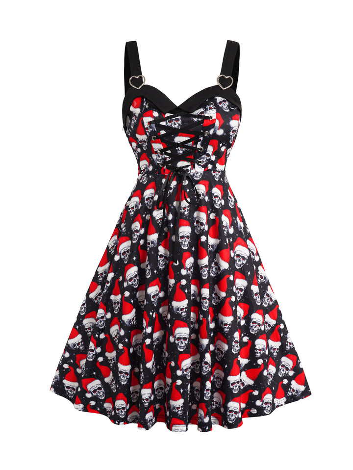 Christmas Cap Skull Allover Print Lace Up A Line Dress