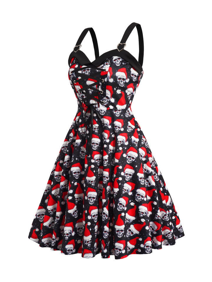 Christmas Cap Skull Allover Print Lace Up A Line Dress