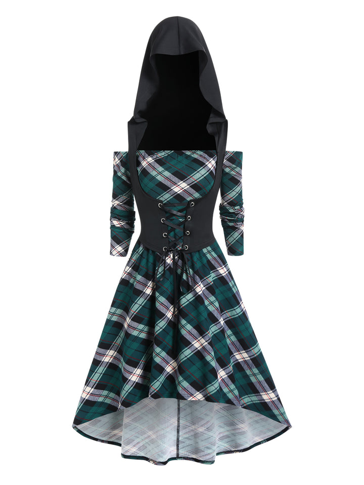 Off the Shoulder Plaid Print High Low Midi Dress And Lace Up Hooded Top Set