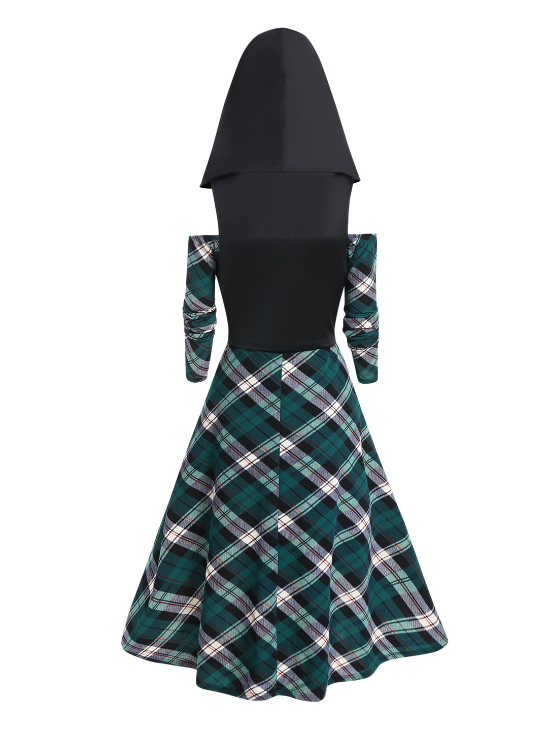 Off the Shoulder Plaid Print High Low Midi Dress And Lace Up Hooded Top Set