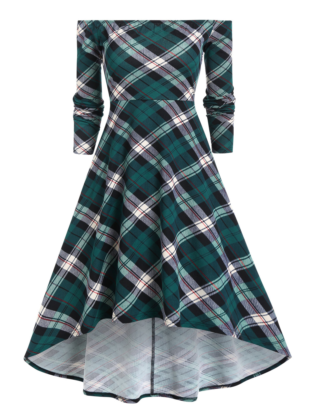 Off the Shoulder Plaid Print High Low Midi Dress And Lace Up Hooded Top Set