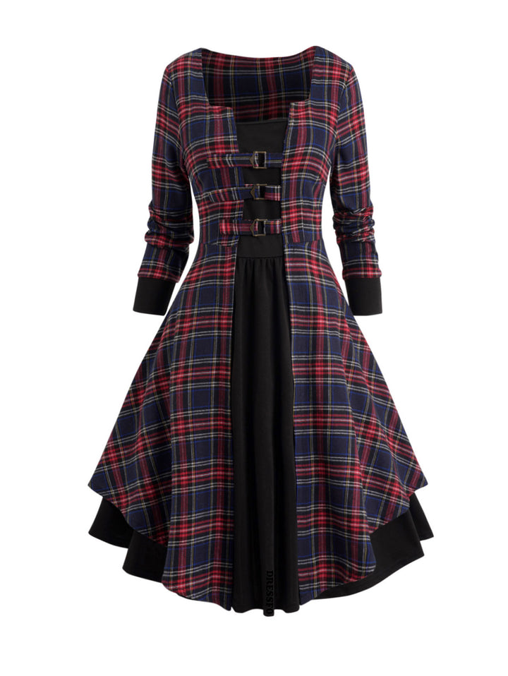 Plaid Print Buckle Strap Long Sleeve Faux Twinset Mini Dress