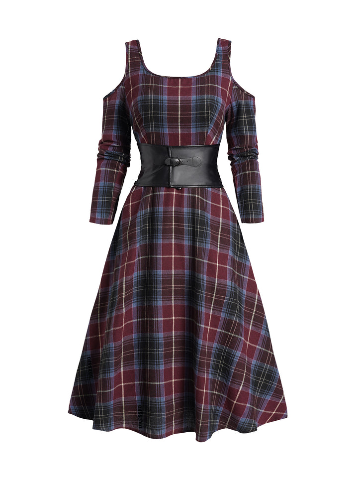 Plaid Cold Shoulder Midi Dress