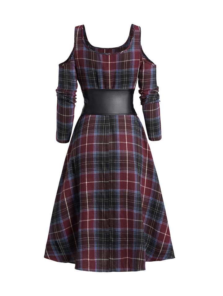 Plaid Cold Shoulder Midi Dress